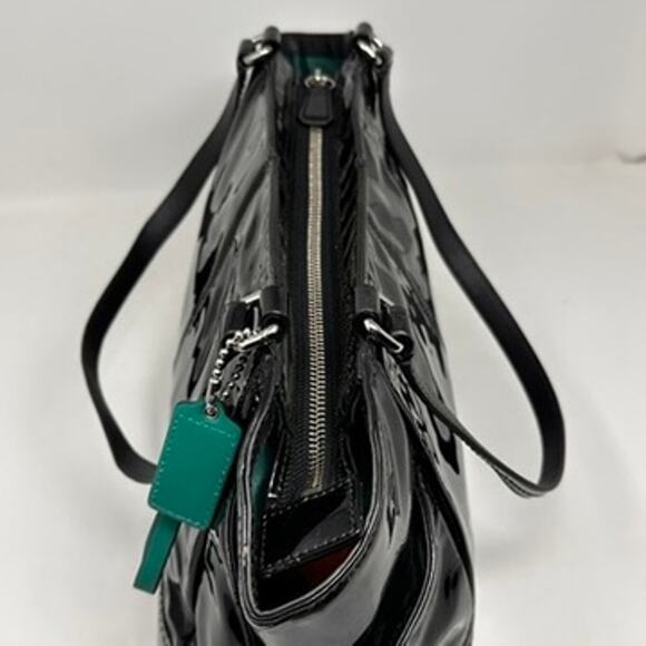 Coach Park Patent Carry Tote F23979 Purse Shoulder Bag Black with Aqua Interior - Picture 11 of 16
